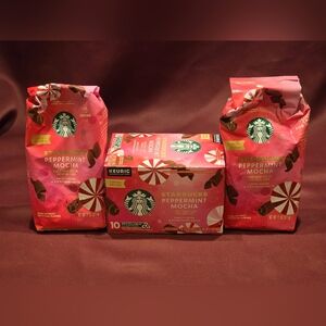 Starbucks Coffee Peppermint Mocha Ground Light Roast Bags & 1 BX Of Keurig Pods